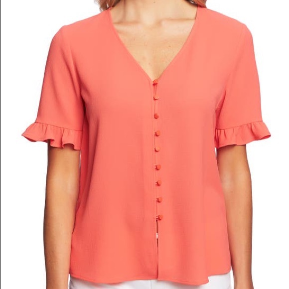 NWOT CeCe Ruffle Sleeve Button Blouse CORAL/ORANGE/PINK - SIZE M - Picture 3 of 3